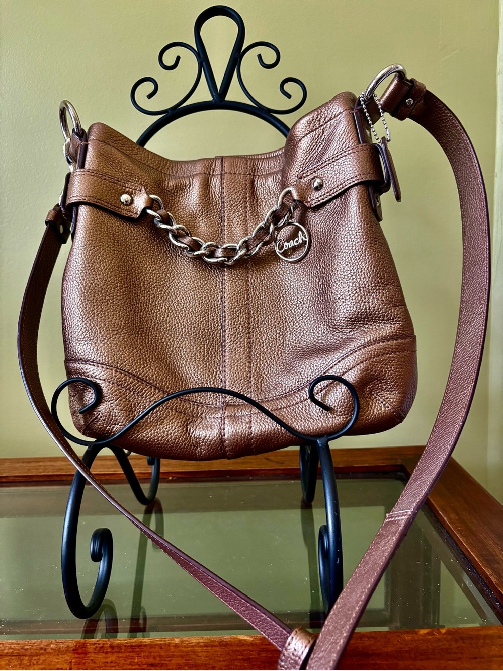 Coach Metallic Bronze Pebbled Leather Hobo Shoulder Bag with Chain Charm